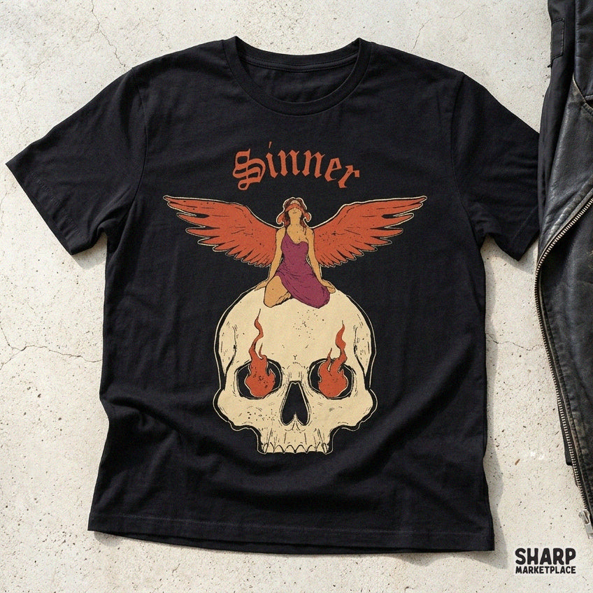 Sinner Gothic Blindfolded Angel Flaming Skull Shirt PNG