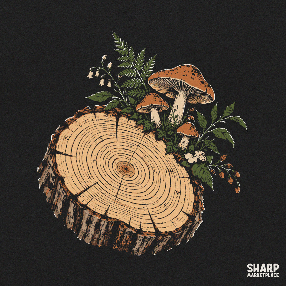 Rustic wood slice featuring foraged mushrooms and fern fronds cottagecore PNG for autumn fall decor