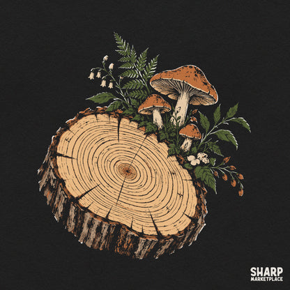 Rustic wood slice featuring foraged mushrooms and fern fronds cottagecore PNG for autumn fall decor
