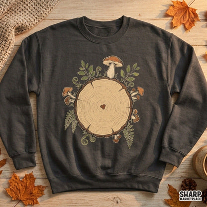 Heart shaped tree rings with woodland mushrooms and ferns cottagecore PNG design for autumn decor