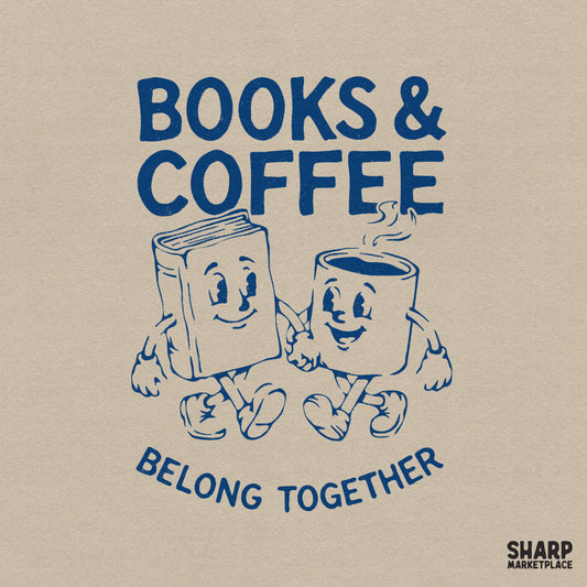 Retro blue monochromatic graphic of a smiling book and steaming coffee mug holding hands with the text Books and Coffee Belong Together.