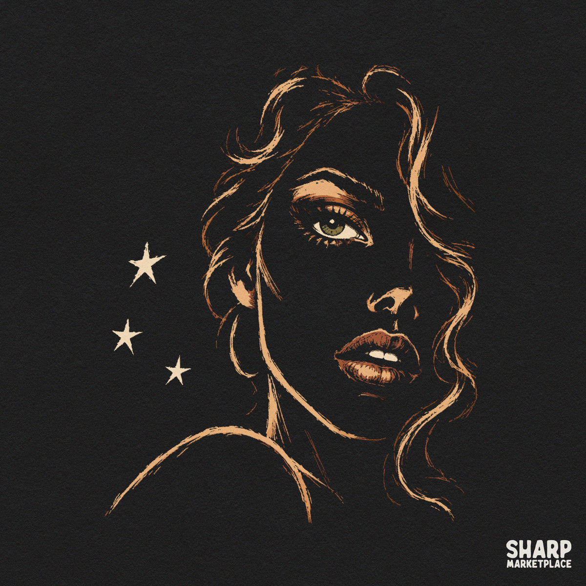 Elegant golden line art black woman portrait with starry night details for t-shirts and digital PNG designs
