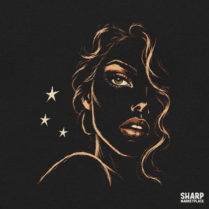 Elegant golden line art black woman portrait with starry night details for t-shirts and digital PNG designs