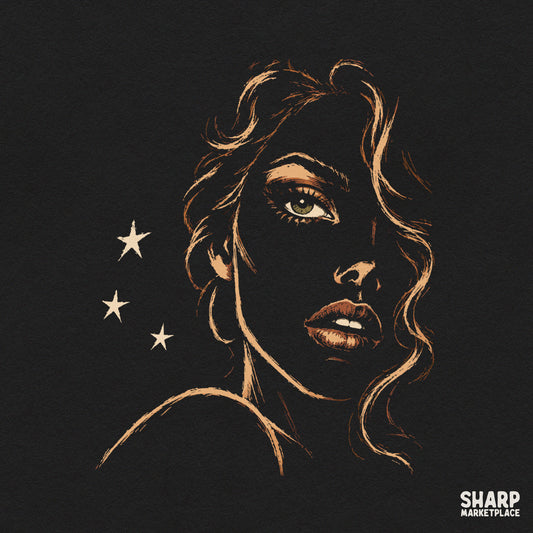 Elegant golden line art black woman portrait with starry night details for t-shirts and digital PNG designs
