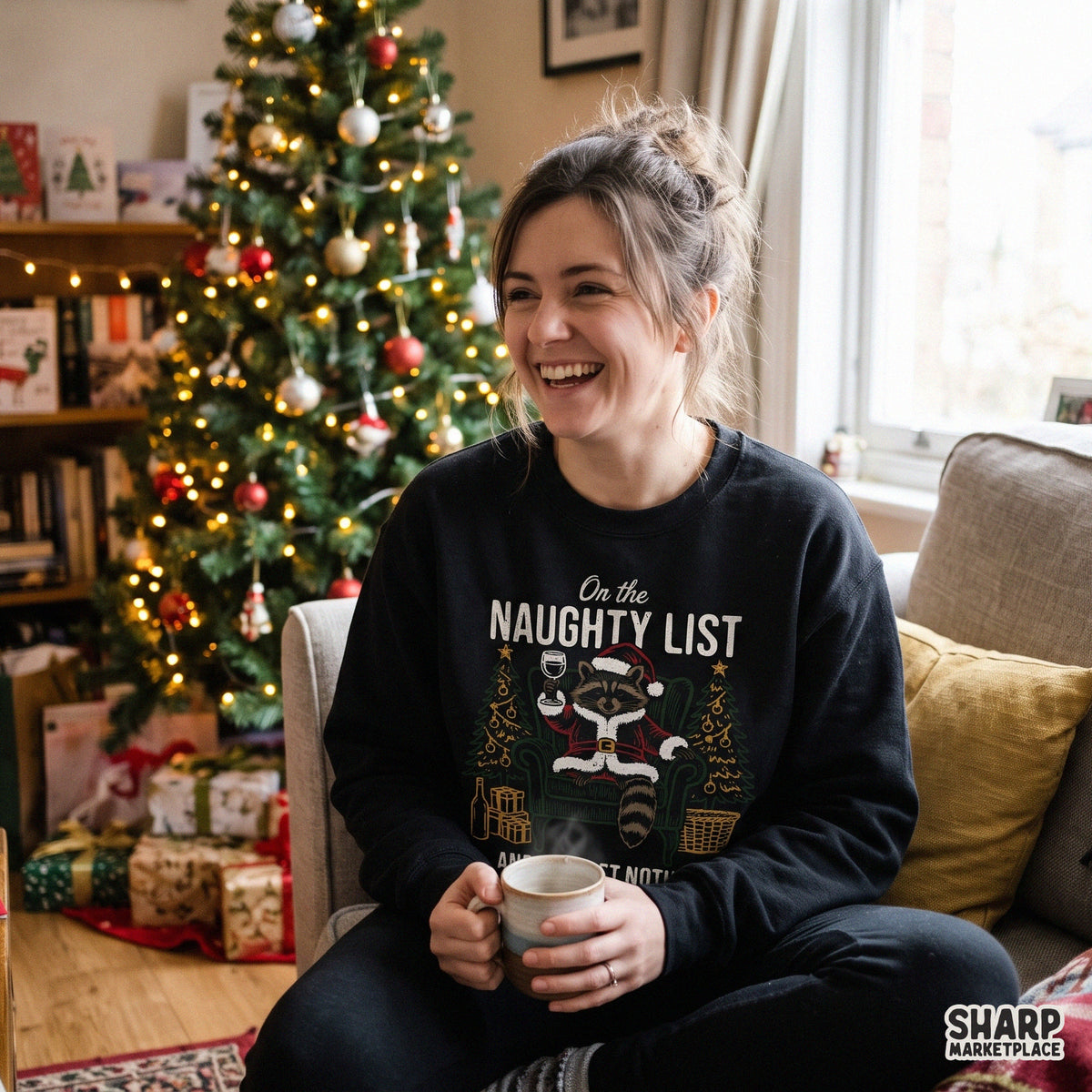 Funny raccoon on the naughty list sublimation graphic for sarcastic Christmas wine shirts and holiday gifts