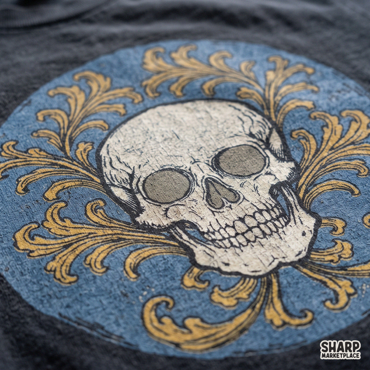 Antique Skull Set In Blue Medallion With Gold Acanthus