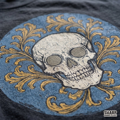 Antique Skull Set In Blue Medallion With Gold Acanthus