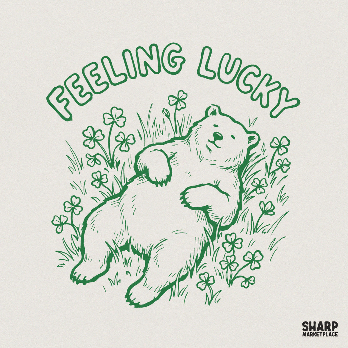 Retro green line art design featuring a relaxed bear lounging in a field of clovers with the text Feeling Lucky arched above for St. Patrick's Day.