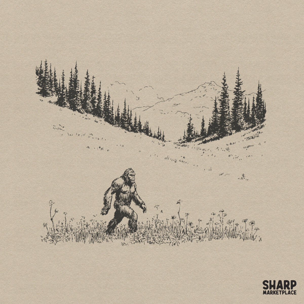 Hand-drawn monochromatic line art of a legendary forest creature walking through a wildflower meadow with pine trees and mountain peaks in the background.