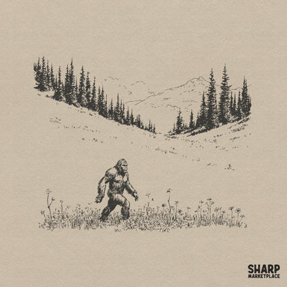 Hand-drawn monochromatic line art of a legendary forest creature walking through a wildflower meadow with pine trees and mountain peaks in the background.