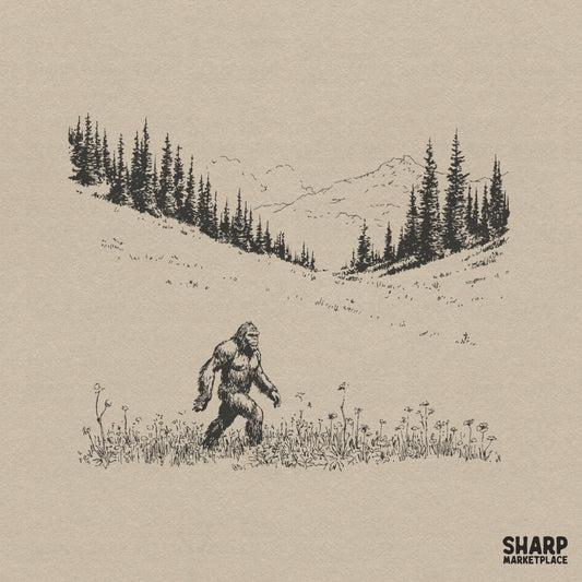 Hand-drawn monochromatic line art of a legendary forest creature walking through a wildflower meadow with pine trees and mountain peaks in the background.