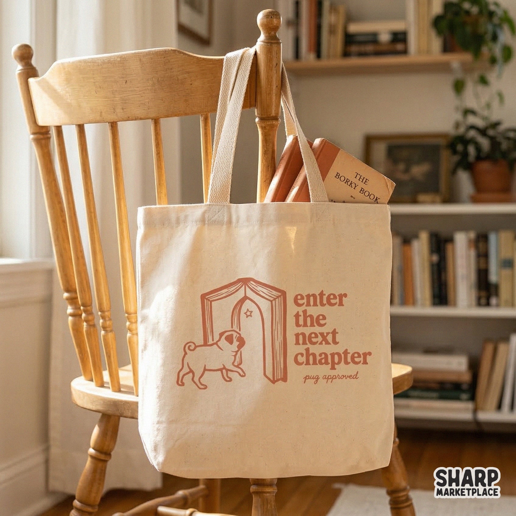 Bookish digital illustration in a warm orange tone showing a pug walking into an open book, perfect for sublimation, stickers, and custom apparel projects.