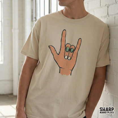 Artistic hand-drawn sign language symbol for love, styled with bohemian green stone rings, ideal for creating custom DIY gifts and apparel transfers.
