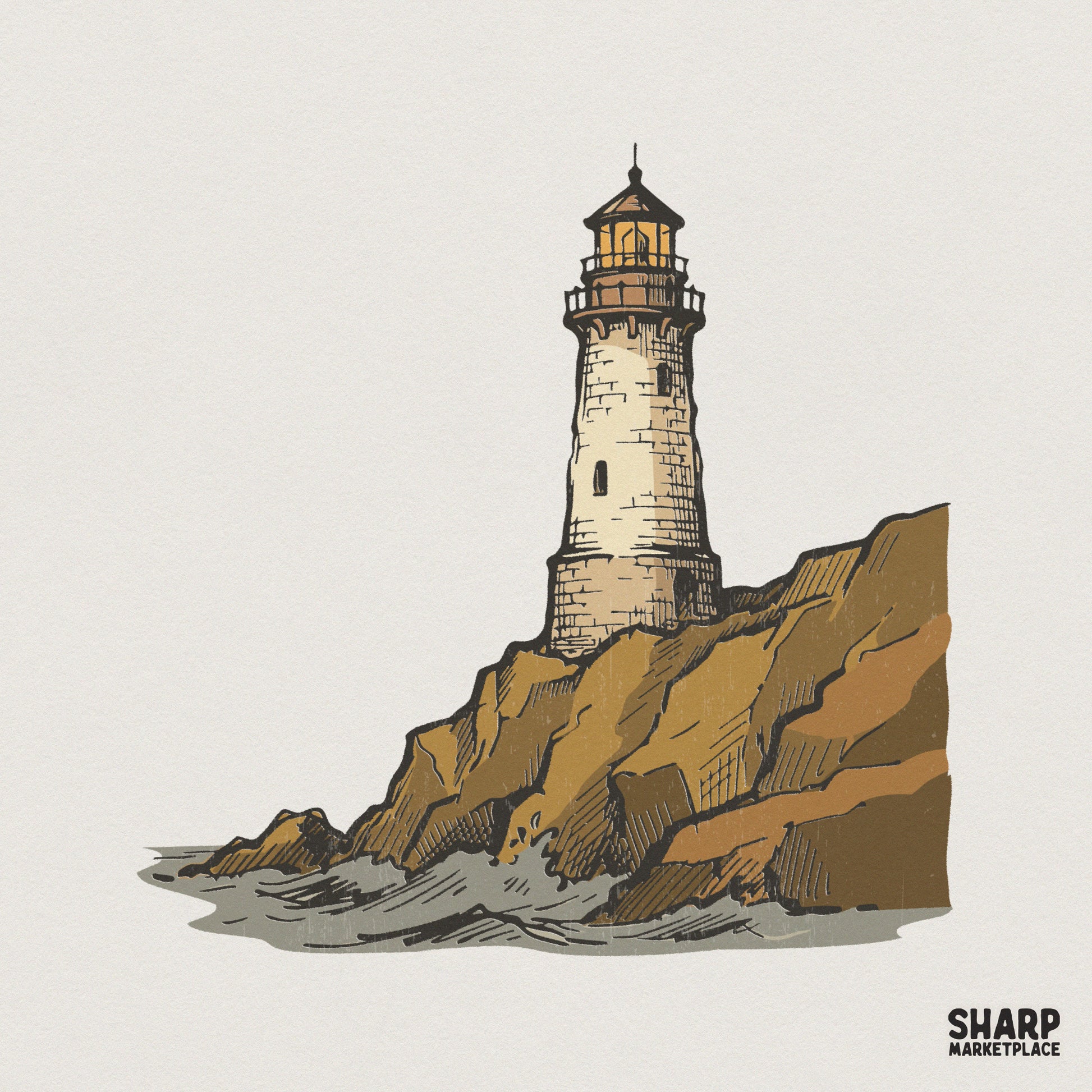 Lighthouse Coastal Art PNG, Nautical Cliff Illustration - 300 DPI Design