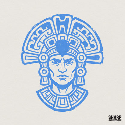 Blue monochromatic Aztec warrior illustration with an intricate tribal headdress and ceremonial collar, featuring a distressed vintage block-print style.