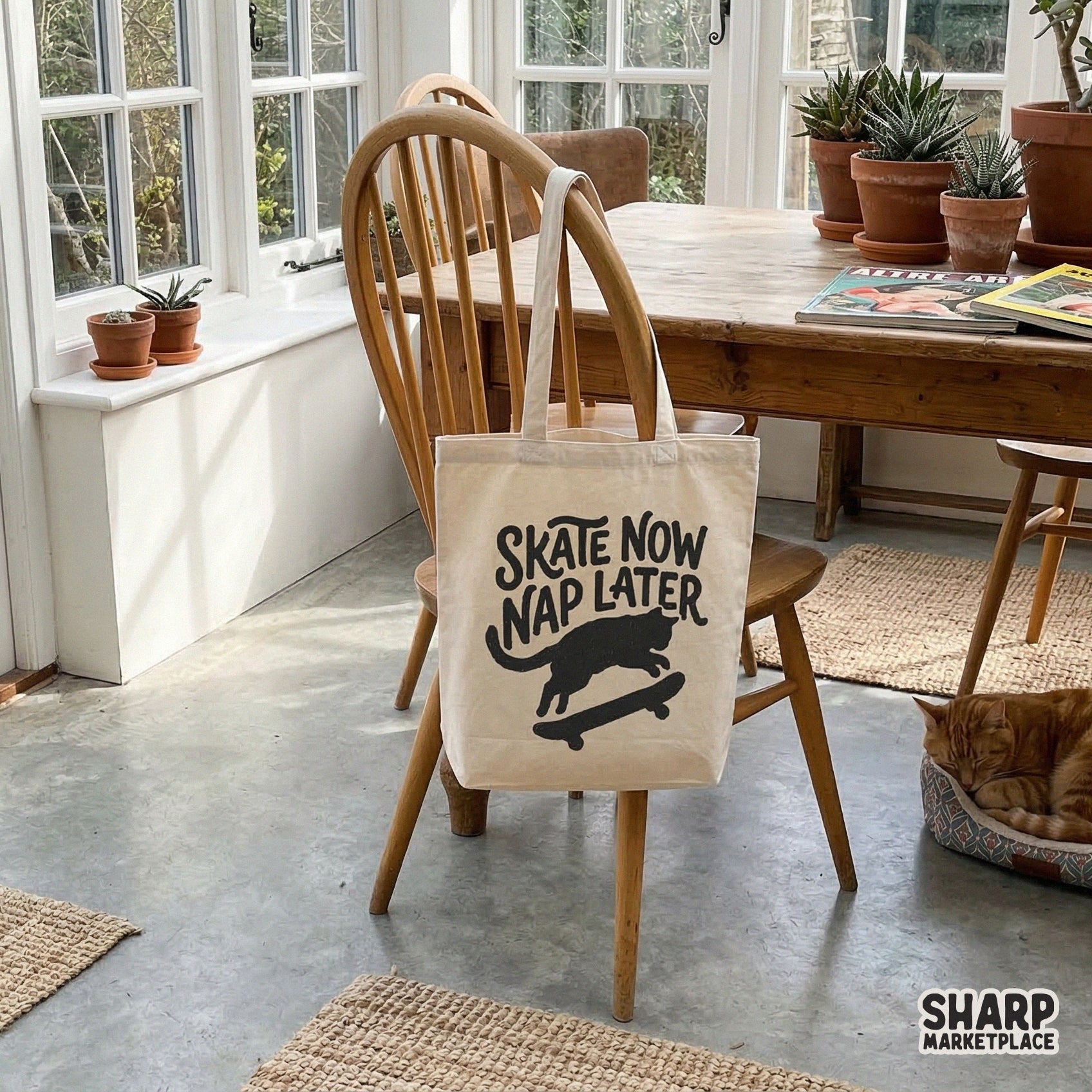 High-resolution transparent PNG graphic of a cat on a skateboard with the phrase Skate Now Nap Later, ideal for DIY t-shirt printing and wall art.