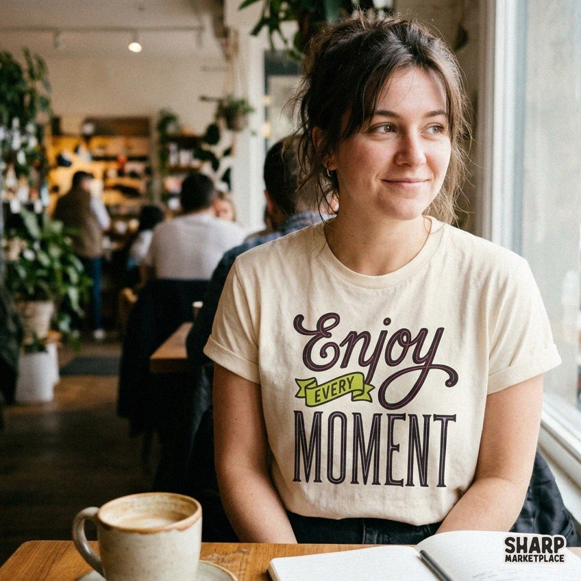 Enjoy Every Moment retro positive quote PNG graphic with vintage lettering for trendy sublimation shirt designs
