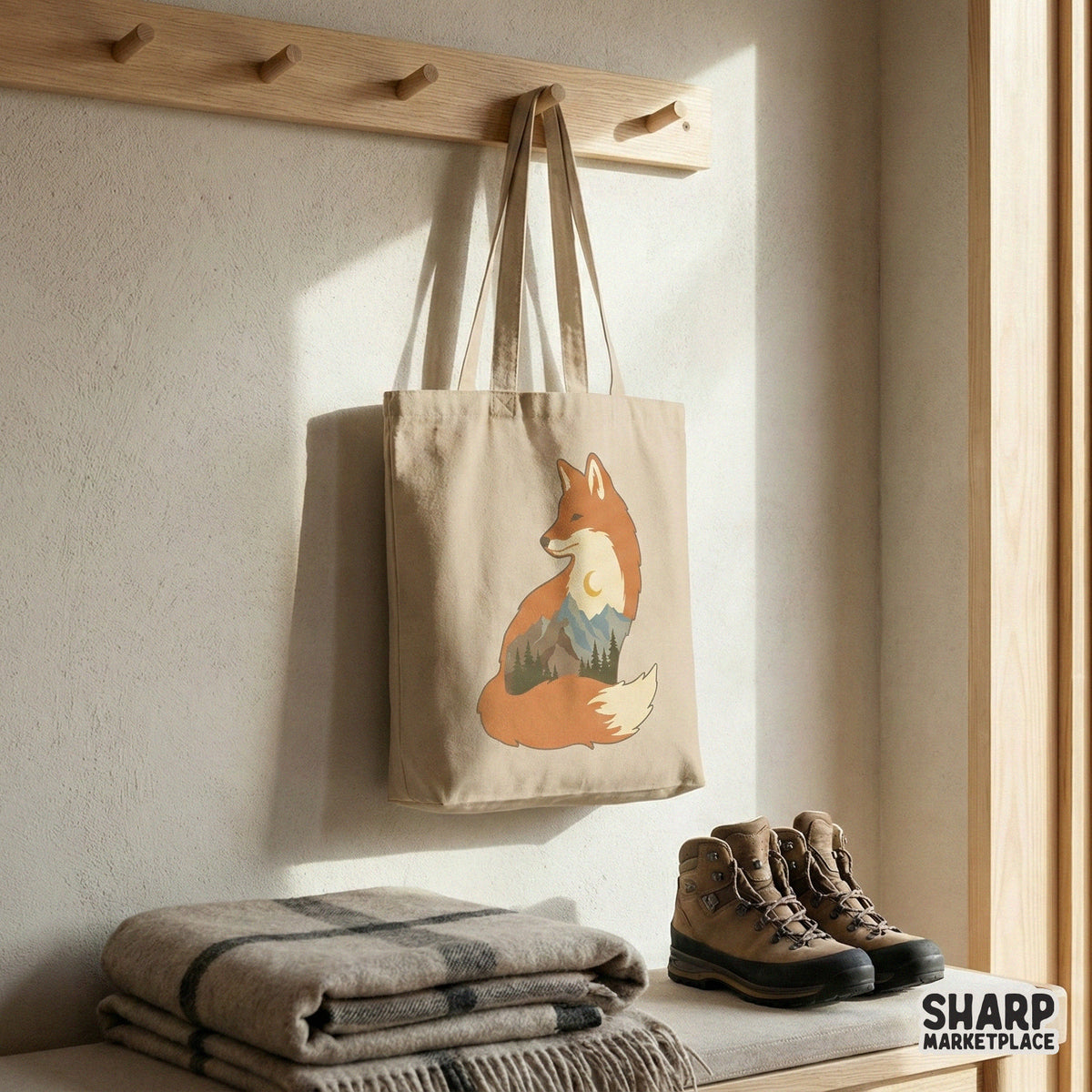 Artistic fox silhouette with a vintage woodland landscape, ideal for printing on adventure-themed shirts, stickers, tumblers, and rustic wall art.