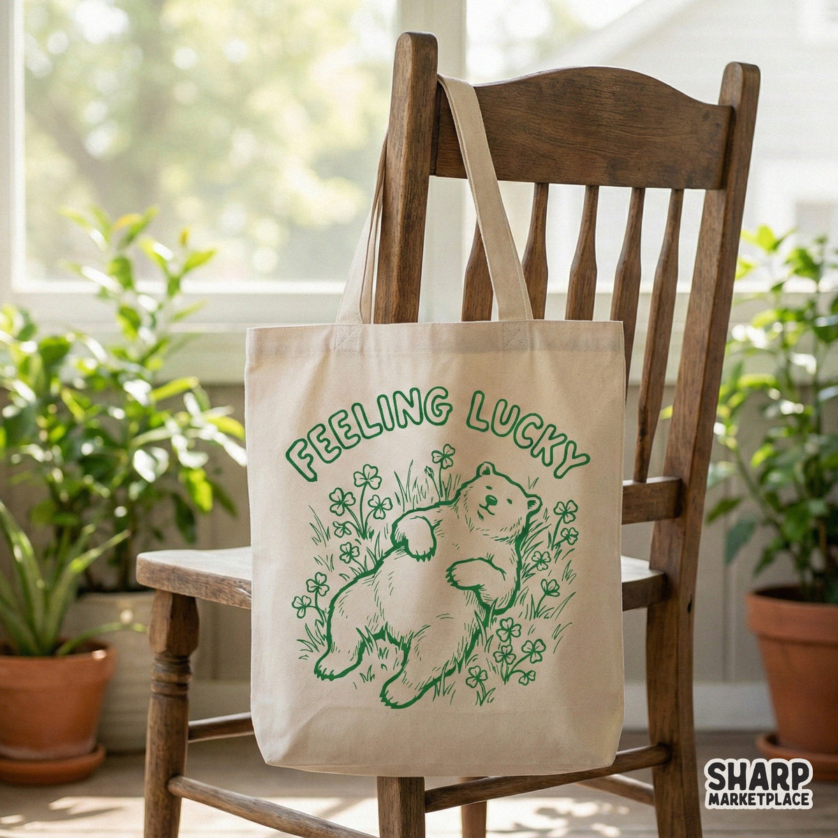 Charming retro style graphic of a chill bear surrounded by shamrocks and four-leaf clovers, ideal for printing on tumblers, apparel, or wall art.