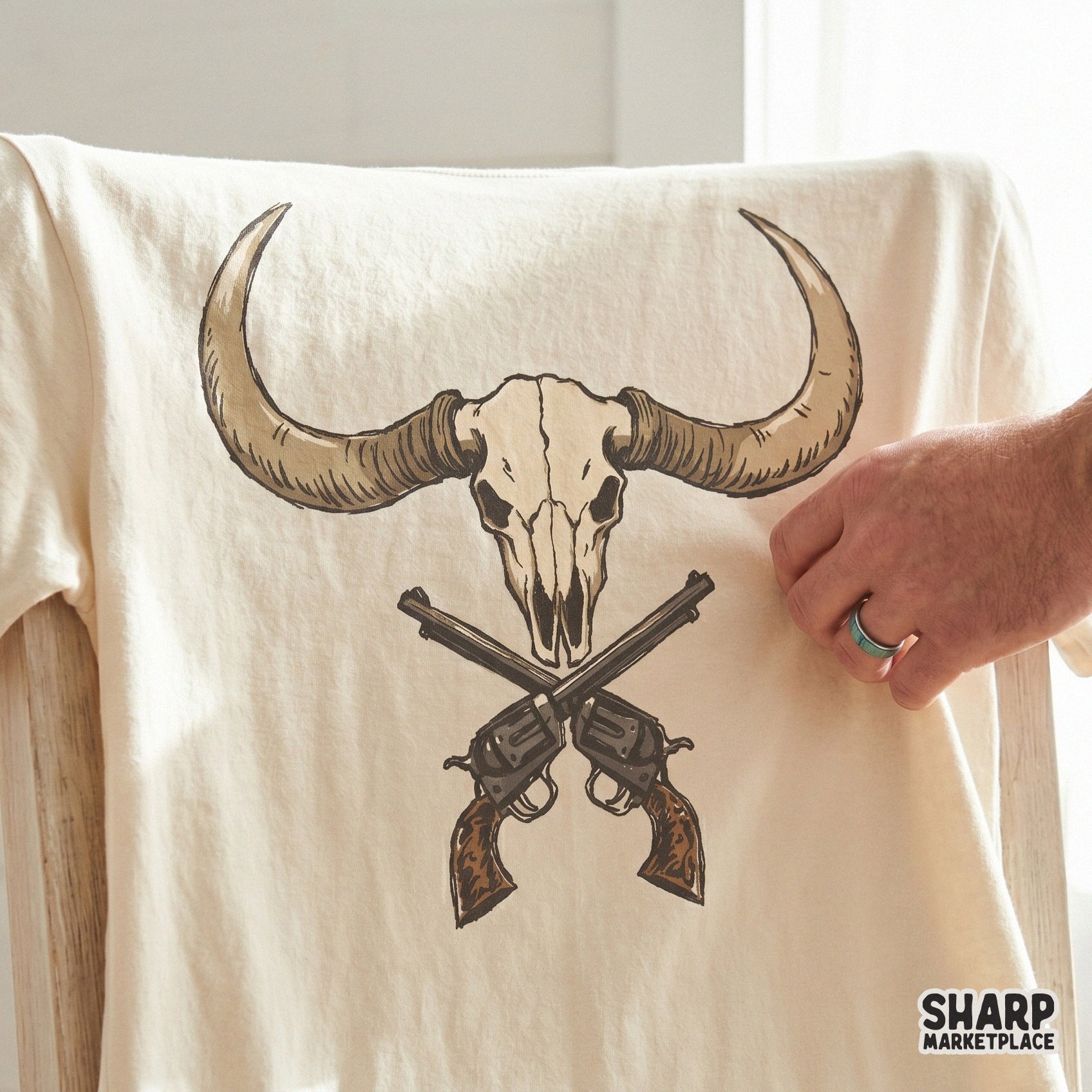 Western longhorn bull skull with crossed pistols PNG for rugged cowboy outlaw t-shirts and western gothic apparel design