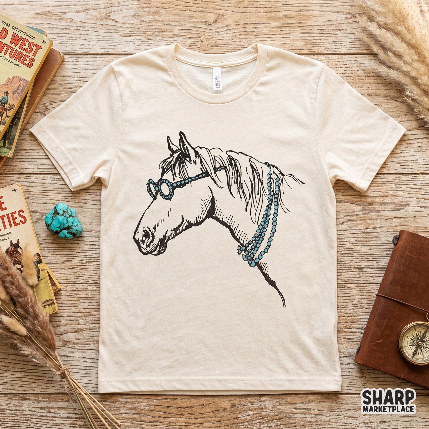 Boho western horse profile wearing turquoise beaded glasses for sublimation and t-shirt design png