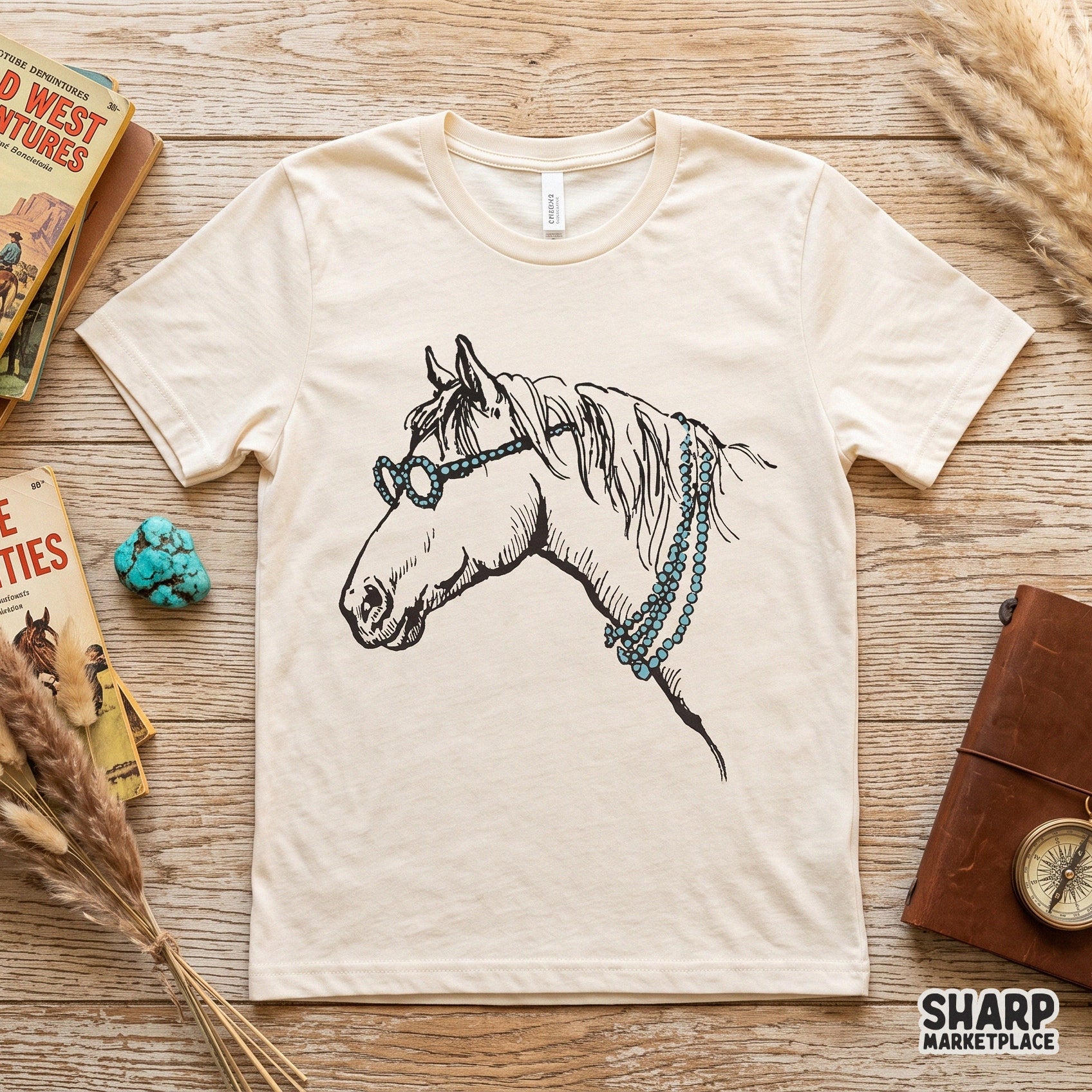 Boho western horse profile wearing turquoise beaded glasses for sublimation and t-shirt design png