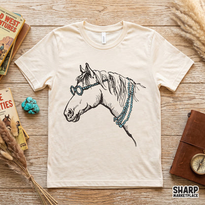 Boho western horse profile wearing turquoise beaded glasses for sublimation and t-shirt design png