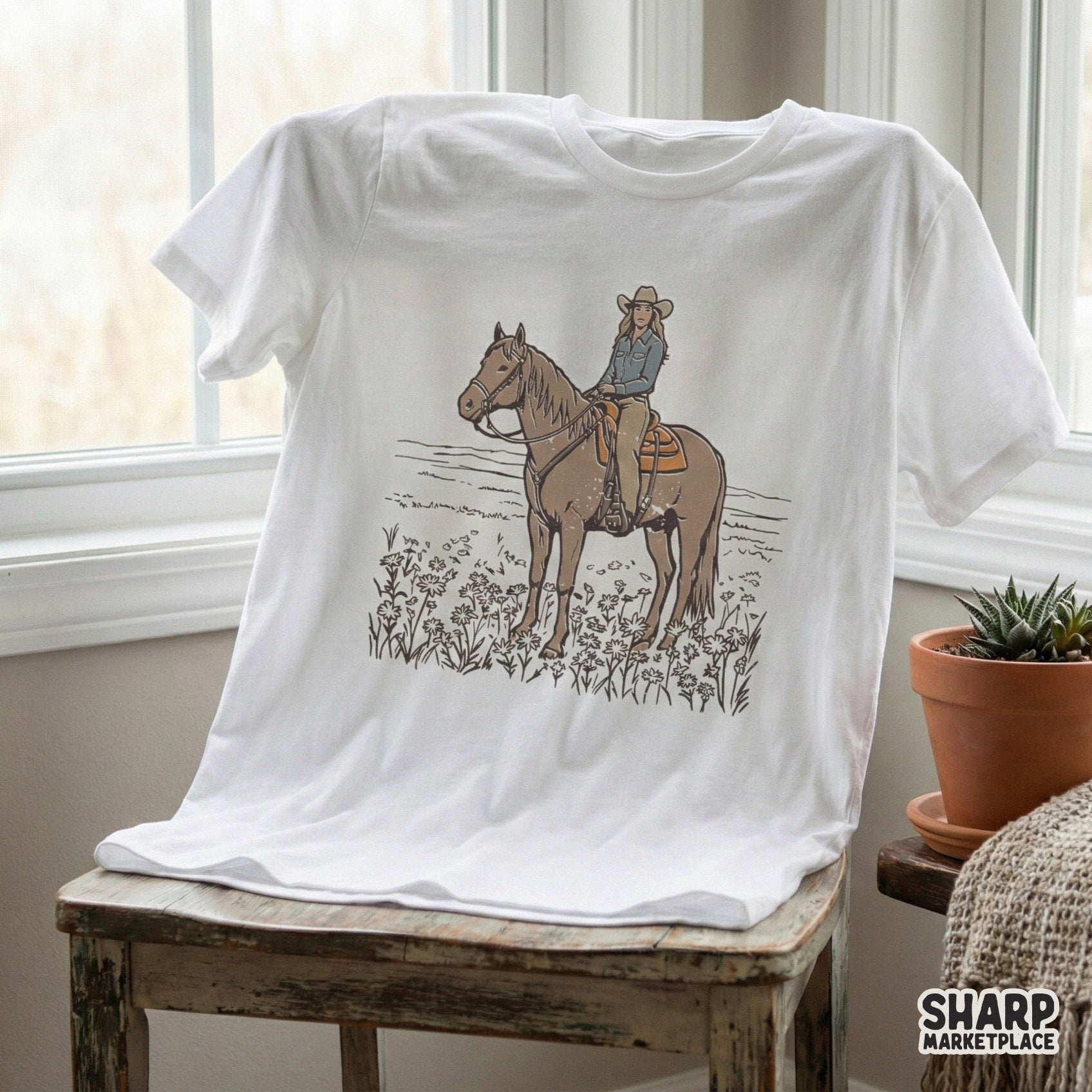 Detailed digital artwork of a cowgirl and horse in a field of flowers, designed with a soft vintage color palette for custom shirts and tote bags.