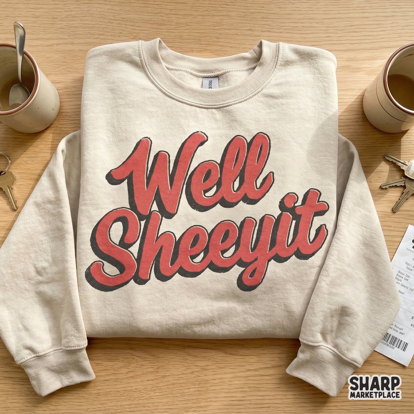 Well Sheeyit typography in a vintage coral-red font with a distressed drop shadow, displayed on a neutral sweatshirt for a trendy southern look.