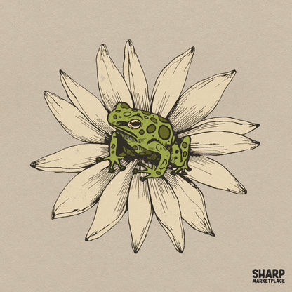 Vibrant green frog sitting on a white daisy flower sublimation PNG graphic for cute spring t-shirt designs