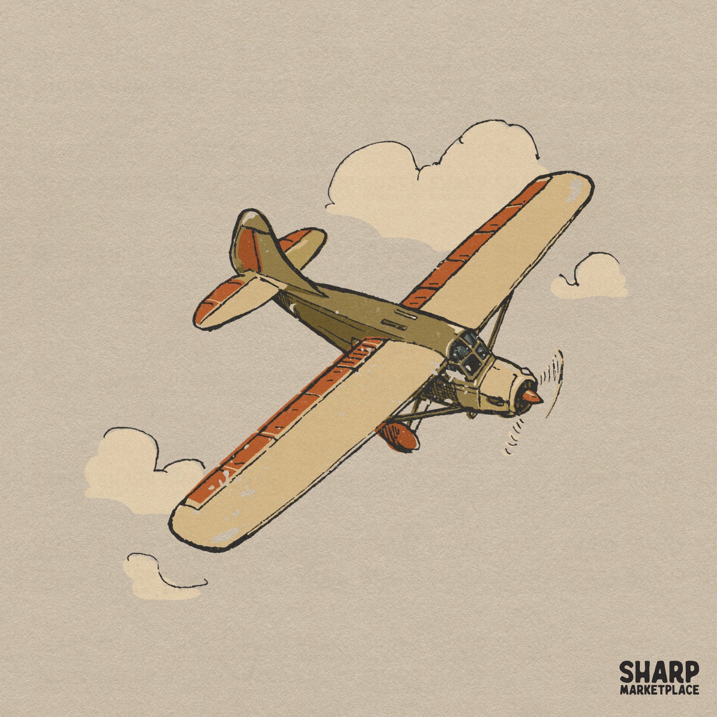 Hand-drawn vintage propeller airplane illustration in olive green and clay orange with minimalist clouds, perfect for retro apparel and stickers.