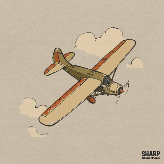 Hand-drawn vintage propeller airplane illustration in olive green and clay orange with minimalist clouds, perfect for retro apparel and stickers.
