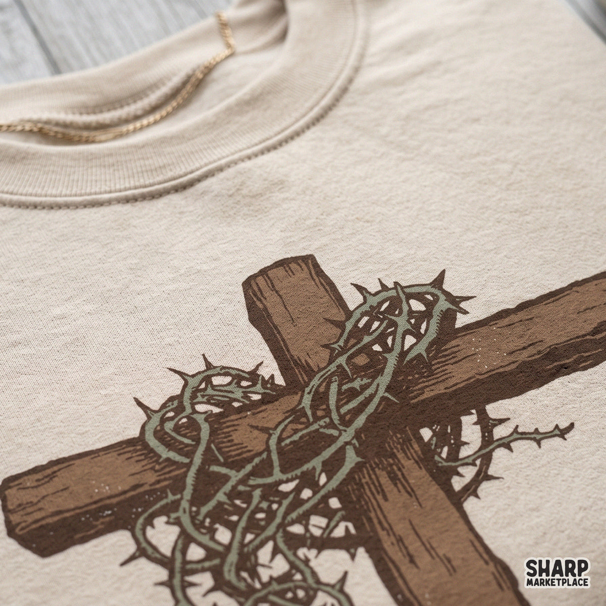 Wooden cross wrapped in thorny vines retro Christian PNG graphic design for Easter shirt printing and apparel