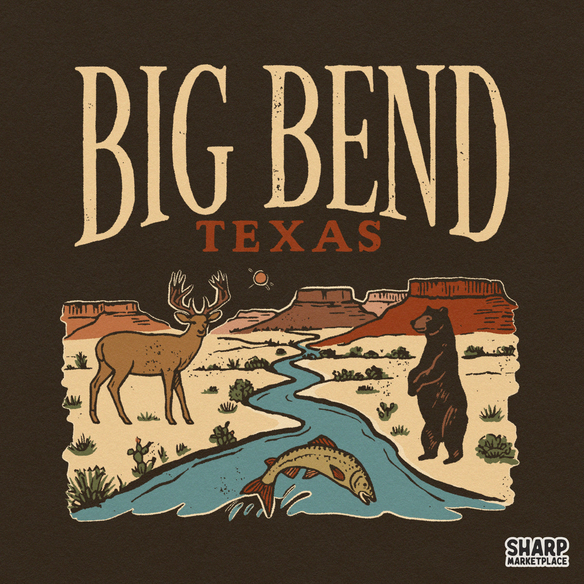 Retro Big Bend Texas national park desert scene with bear, deer, and fish for nature lover t-shirt sublimation PNG