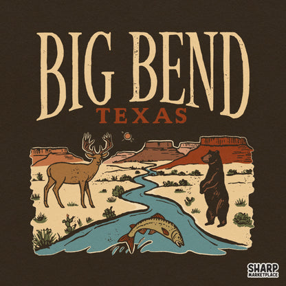 Retro Big Bend Texas national park desert scene with bear, deer, and fish for nature lover t-shirt sublimation PNG