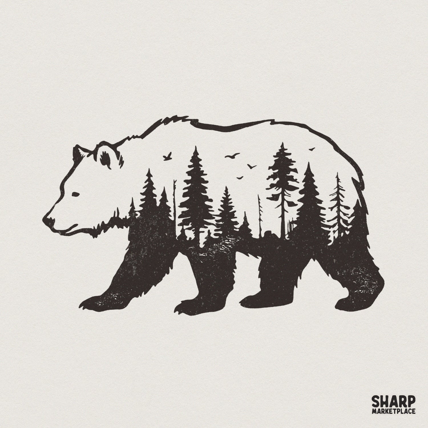 Black ink silhouette of a grizzly bear filled with a detailed evergreen forest and soaring birds, featuring a vintage distressed texture for apparel.