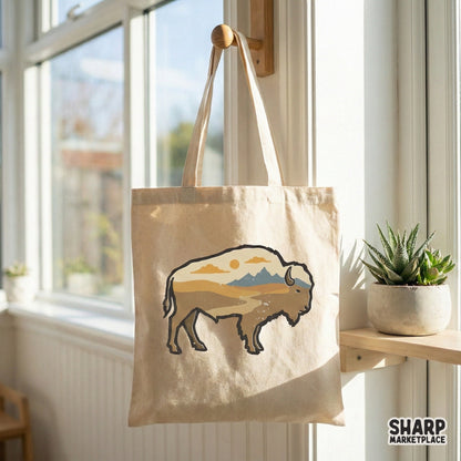 Retro-style bison landscape design with a sunset and mountains, suitable for print-on-demand clothing, wall art, and nature-inspired creative projects.
