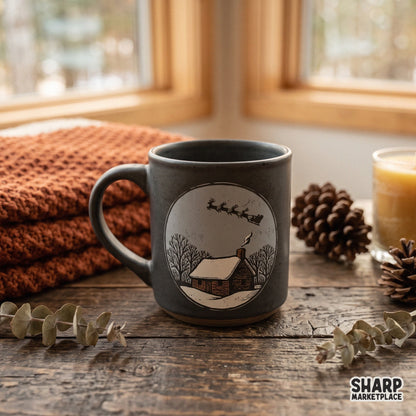 Rustic winter cabin with flying Santa sleigh block print design for retro Christmas PNG t-shirt sublimation