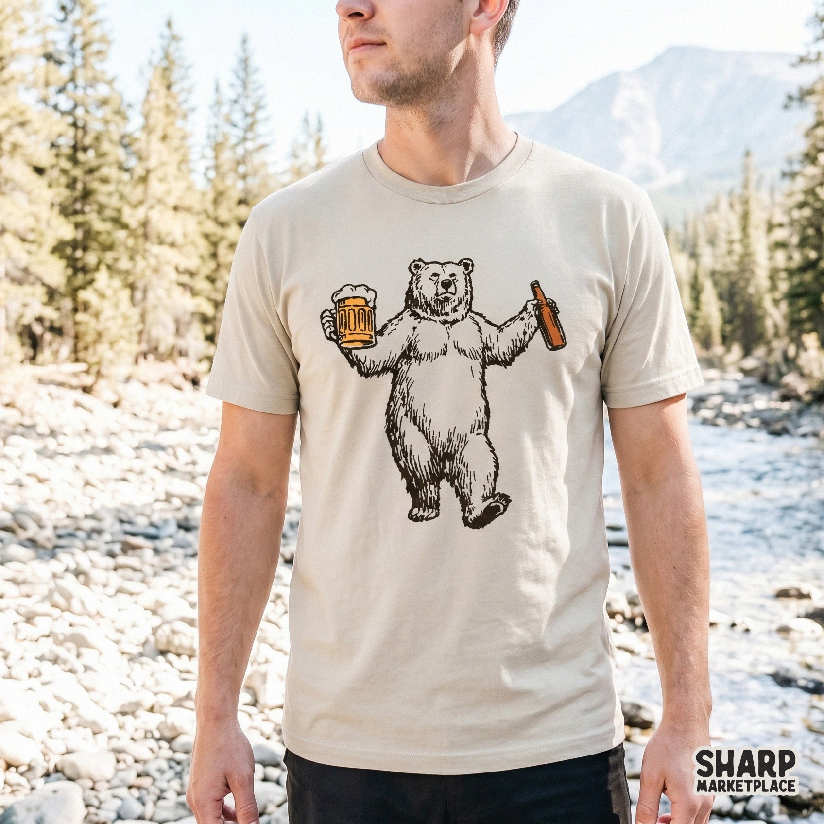 Detailed line art of a party-loving polar bear dancing with a beer glass and bottle, suitable for sublimation, stickers, or custom drinkware designs.