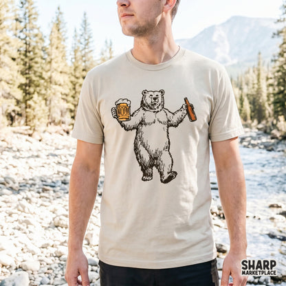 Detailed line art of a party-loving polar bear dancing with a beer glass and bottle, suitable for sublimation, stickers, or custom drinkware designs.