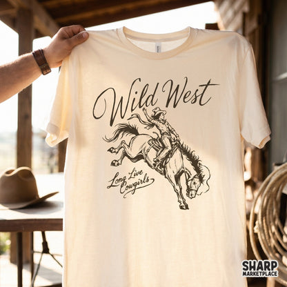Trendy western digital design featuring a bucking rodeo horse and cowgirl rider, perfect for sublimation shirts, tumblers, and rustic DIY crafts.