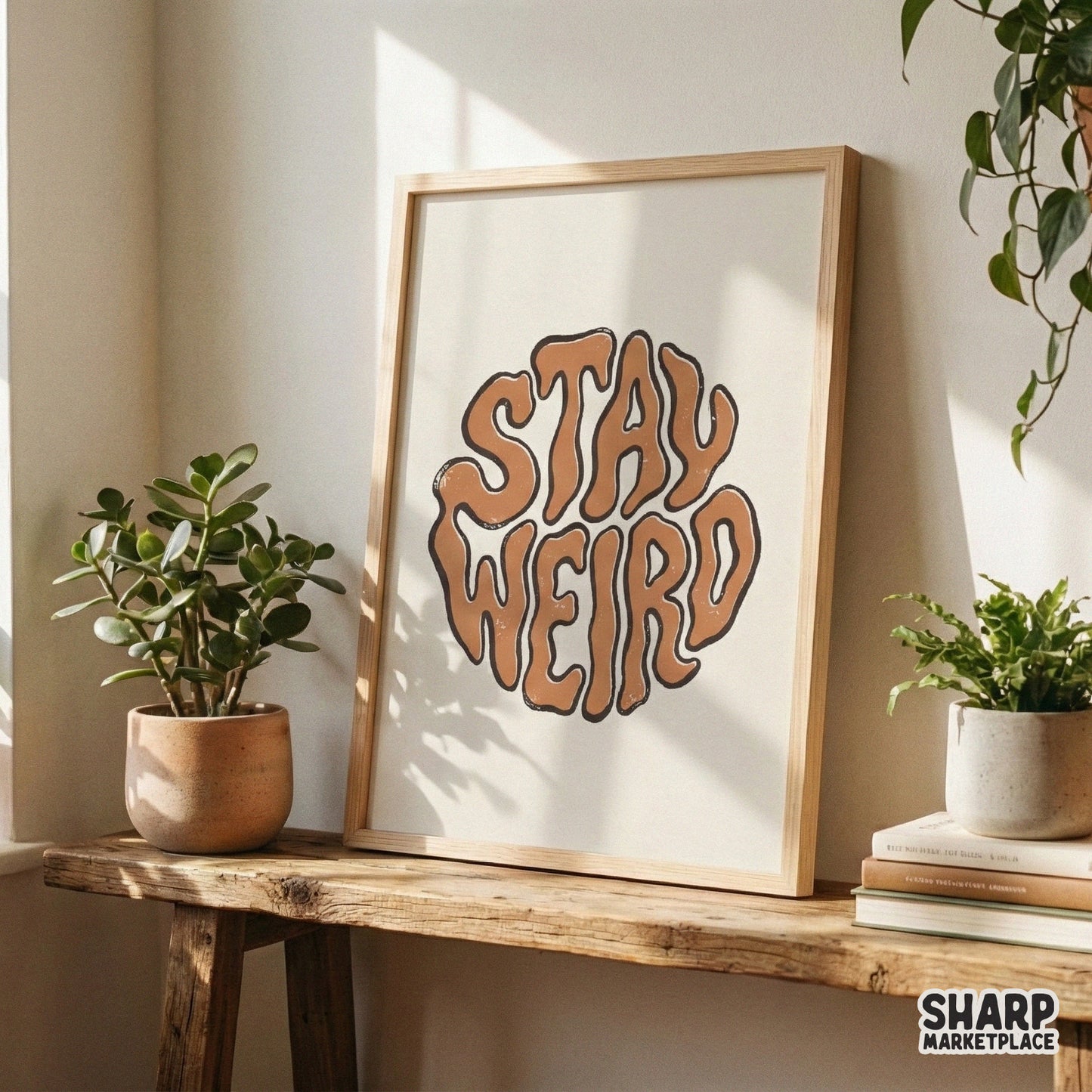 Psychedelic 70s-inspired Stay Weird graphic with distorted bubble lettering, ideal for DIY print-on-demand apparel, wall art, and creative craft projects.