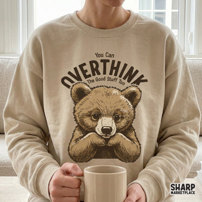 Whimsical brown bear illustration with distressed typography for mental health humor projects, stickers, and custom apparel designs.