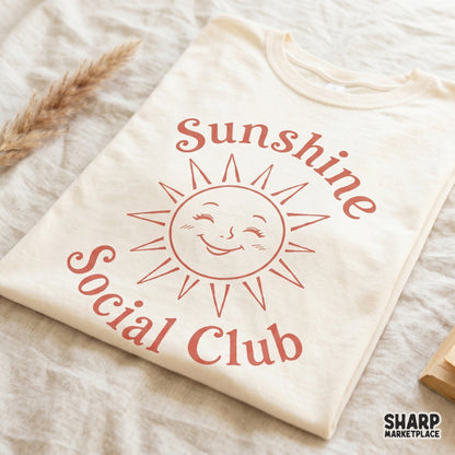 Groovy happy face and pink bow Sunshine Social Club PNG for retro summer coquette shirts and beach vibe apparel