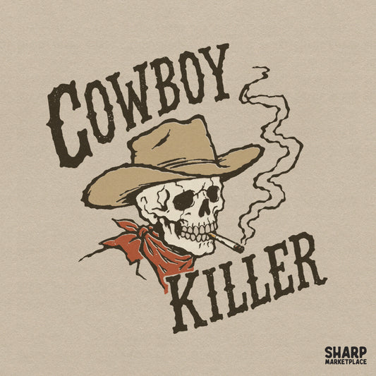 Vintage western design featuring a skeleton wearing a cowboy hat and red bandana, smoking a cigarette with bold typography for apparel sublimation.