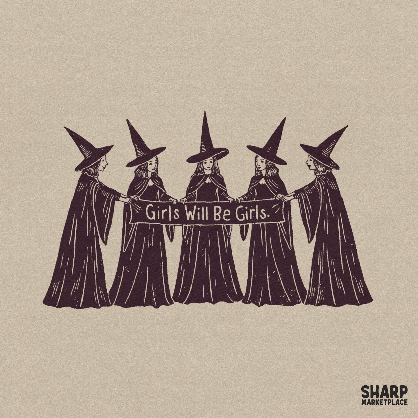 Retro Witch Squad feminist humor design for Halloween shirts and spooky season sublimation projects