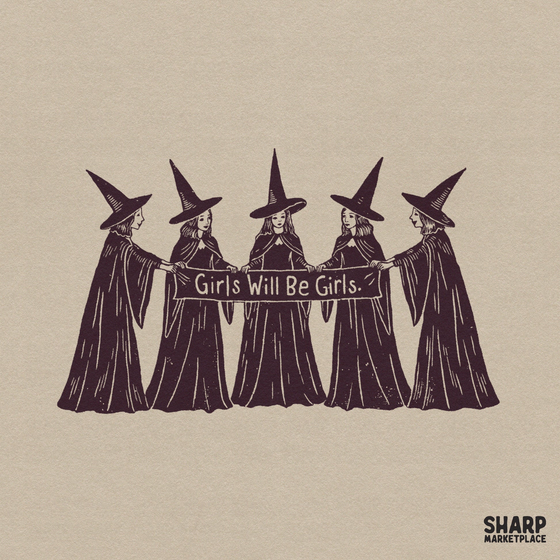 Retro Witch Squad feminist humor design for Halloween shirts and spooky season sublimation projects