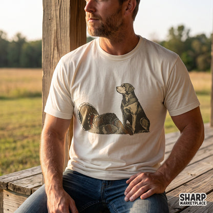 Vintage hunting dog and wild turkey wildlife art PNG for Fall and Thanksgiving shirts and sublimation