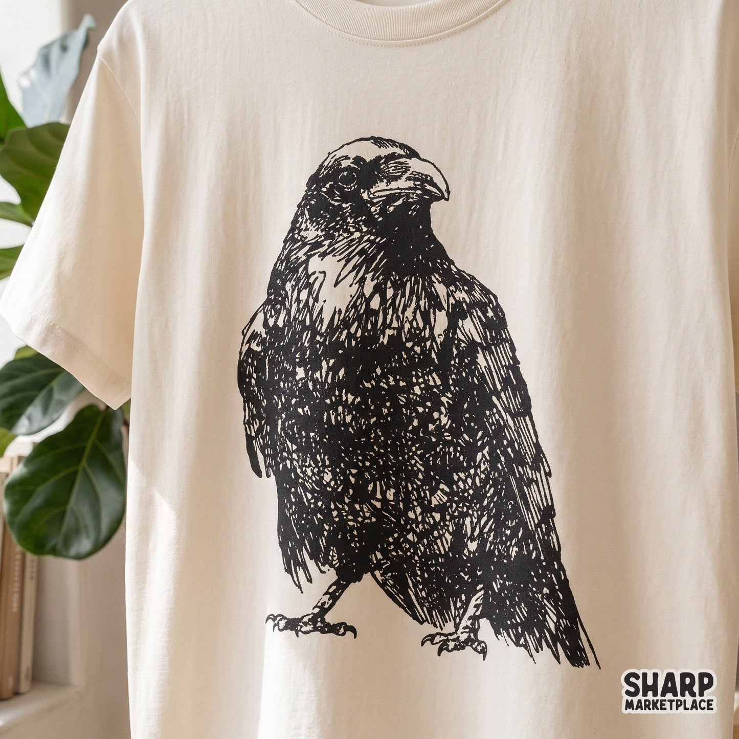 Vintage raven ink sketch with gothic bird illustration for spooky season halloween shirts and digital crafts