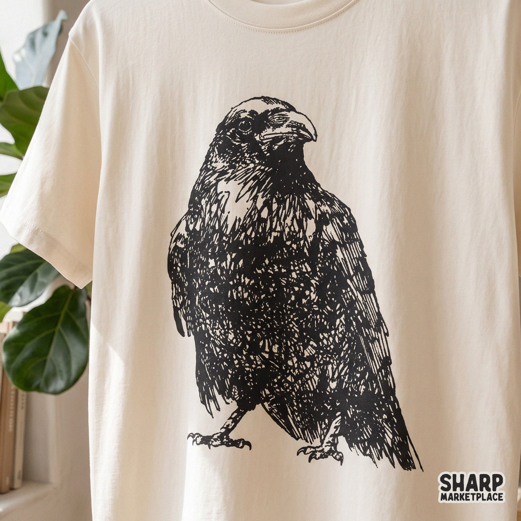 Vintage raven ink sketch with gothic bird illustration for spooky season halloween shirts and digital crafts